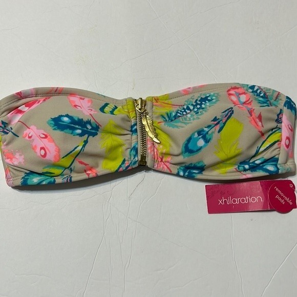 XHILARATION Size Small Swim Bikini Top Tan Pink Blue Feathers Removable Pads NWT - Picture 1 of 10